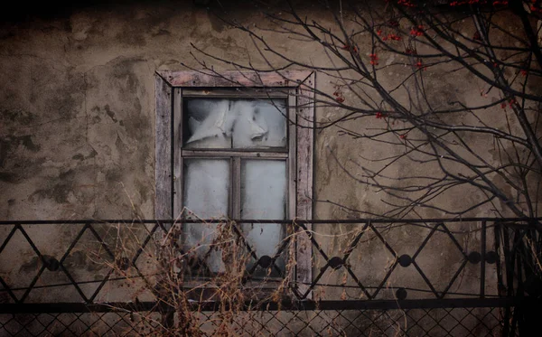 Окно Зимним Морозом Стекле Старом Доме — стоковое фото