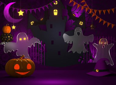 Cadılar Bayramı mor arka plan, tatil, dans, eğlence, Jack 'in balkabağı kafatası bir cadının leylak şapkası, hilal ay, boş siyah kale, uçan hayaletler, 3 boyutlu görüntüleme