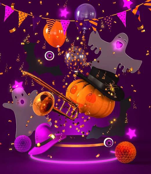 Halloween Dunkel Lila Hintergrund Urlaub Tanz Spaß Jack Kürbiskopf Hut — Stockfoto