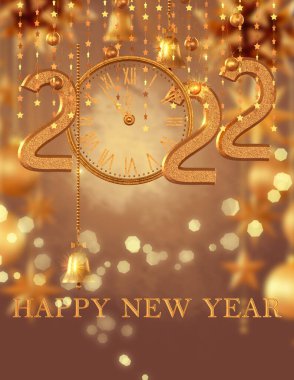 2022 yılbaşı şenlik arka planı, altın hacimsel sayılar, zarif geyikler, saat, kar taneleri, hediye kutuları, süslemeler, uçan toplar, 3D görüntüleme