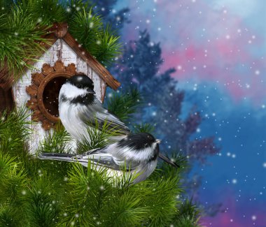New year christmas festive background, two white little tit birds sit near a birdhouse, feeders on a green spruce branch, snowfall, evening lighting, 3d rendering