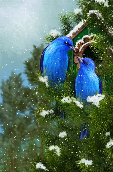 New Year Christmas Festive Background Two Blue Birds Sit Birdhouse — стоковое фото
