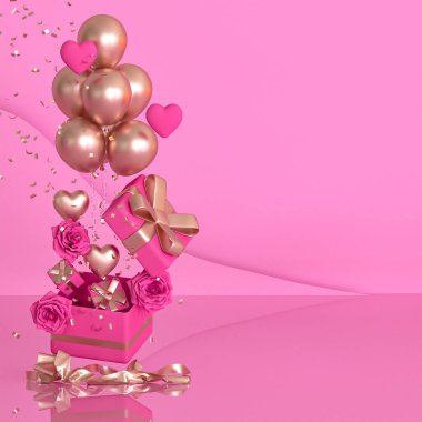 Bayrak, tebrik kartı Mutlu Sevgililer Günü, tüm sevgililer, uçan kutular, yaylar, kalp, altın balonlar, pembe kağıt gül çiçekleri, parıltılı süsler, 3D