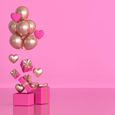 Bayrak, tebrik kartı Mutlu Sevgililer Günleri, uçan kutular, yaylar, kalp, altın balonlar, parlak süsler, 3D çizimler