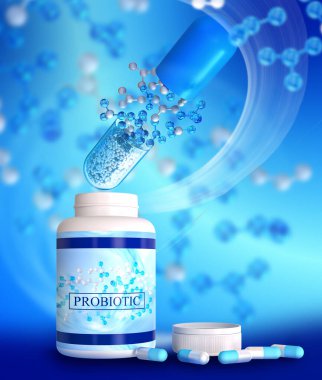 Medical background in blue tone, pharmaceuticals for digestion, plastic container jar with lid, probiotics food additives in capsules, 3d rendering clipart