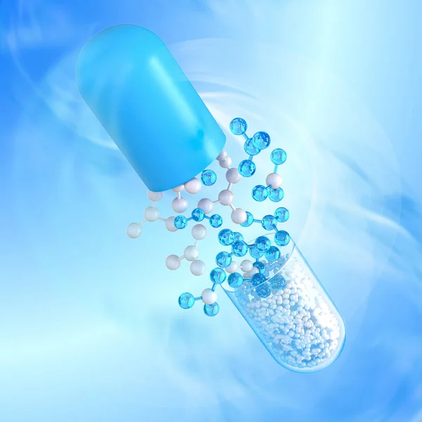 蓝调的医学背景 消解药物 悬浮状态的塑料容器胶囊 开组分飞行 胶囊中的益生菌食品添加剂 3D渲染 — 图库照片