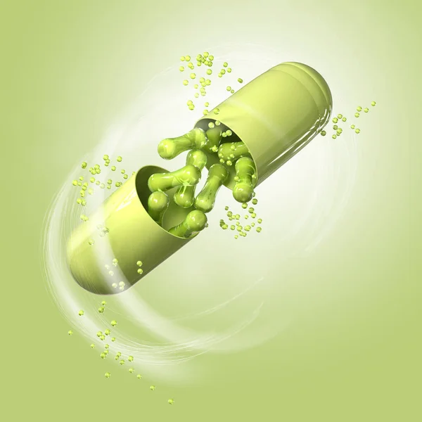 橄榄绿色调的医学背景 用于消化的药剂制剂 悬浮状态的塑料容器胶囊 开组分飞行 胶囊中的益生菌食品添加剂 3D渲染 — 图库照片