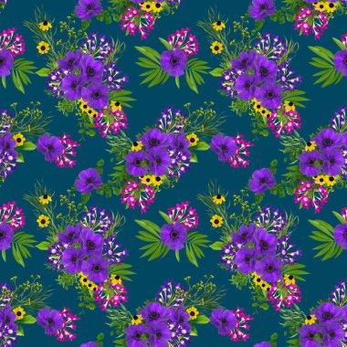 Çiçek düzenleme, mor şakayık tomurcukları, pembe küçük cilt bakımı buketi, üç boyutlu şekil, kusursuz desen.