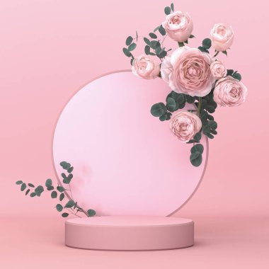 Soyut geometrik minimalist arkaplan ürün için yuvarlak podyum, pembe leylak pastel rengi, gül çiçeği dalları, okaliptüs, boş vitrin, mocap, 3d görüntüleme