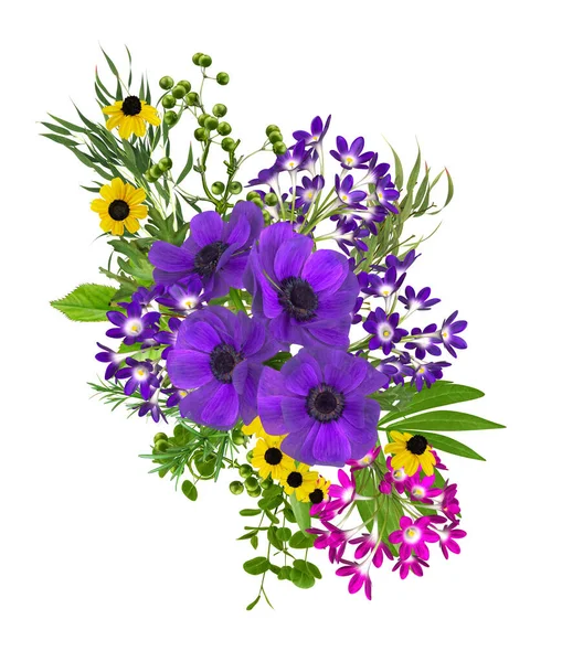 Arrangement Floral Bourgeons Fleurs Anémones Violettes Bouquet Petites Inflorescences Roses — Photo