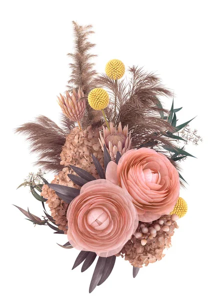 Beige golden flower arrangement, retro bouquet of peach roses, exotic plants, leaves, flowers, dry berries, branches, pampas grass, palm leaves, golden decor elements, isolated on white background