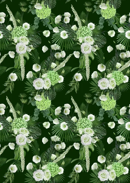 Kwiat Bukiet Białych Róż Gruczolak Hortensja Oliwna Egzotyczne Tropikalne Liście — Zdjęcie stockowe