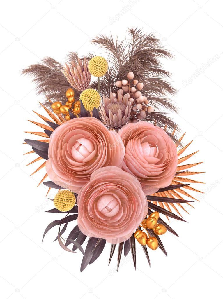Beige golden flower arrangement, retro bouquet of peach roses, exotic plants, leaves, flowers, dry berries, branches, pampas grass, palm leaves, golden decor elements, isolated on white background