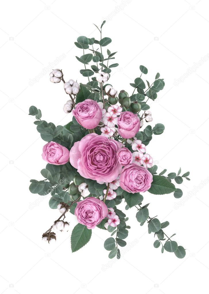 Flower composition, bouquet of pink roses, eucalyptus leaves, green berries, cotton branches, isolated on white background