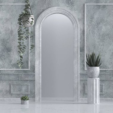 Markalaştırma ve paketleme sunumu, kemer, mermer yuvarlak podyum, süsleme kabı, yapraklar, zeytin dalları, mokap, 3D işleme