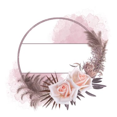 Yuvarlak selamlama çerçevesi, bej palet, retro buket, şeftali gülleri, pampass otları, palmiye yaprakları, kurumuş çiçekler, dallar, izole edilmiş, 3 boyutlu renkler.