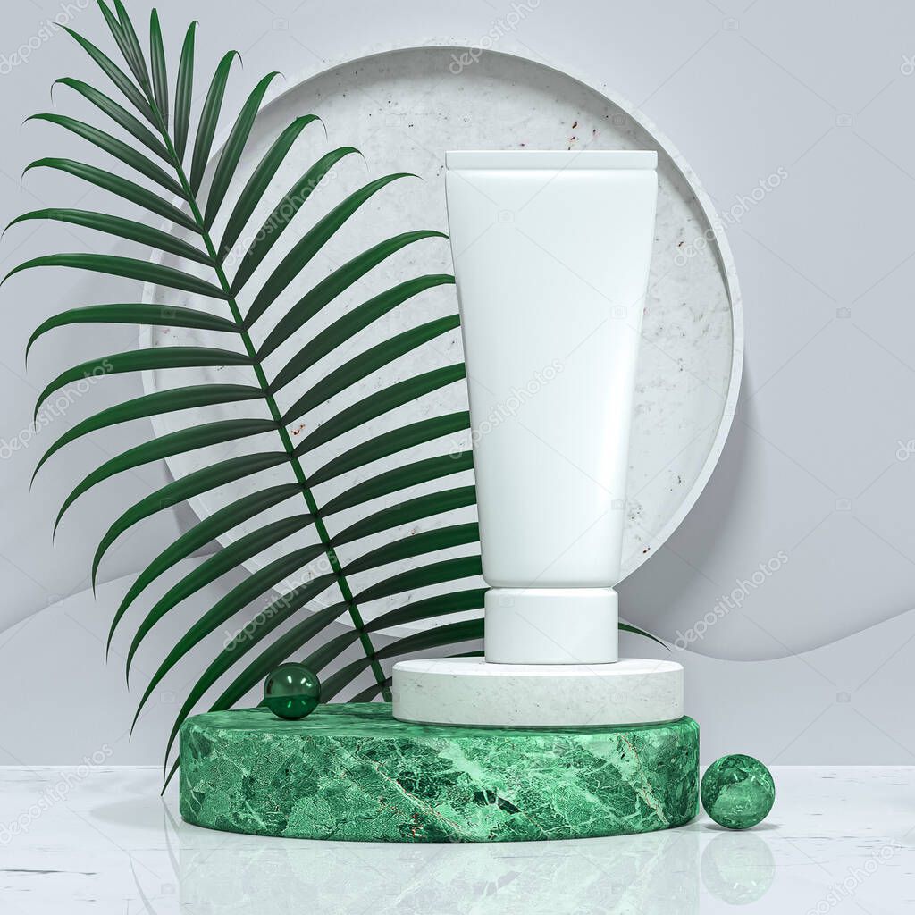Branding and packaging presentation mockup, beauty products, olive round podium, leaves, palm branches, mocap, 3d rendering