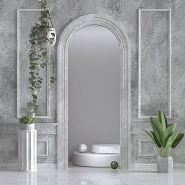 Markalaştırma ve paketleme sunumu, kemer, mermer yuvarlak podyum, süsleme kabı, yapraklar, zeytin dalları, mokap, 3D işleme