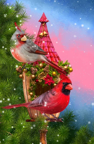 クリスマス 新年の冬の休日の背景 2つの赤い鳥は トウヒの枝 松の木 装飾された鳥の家 フィーダー ガーランド おもちゃ 3Dレンダリングに座っている — ストック写真
