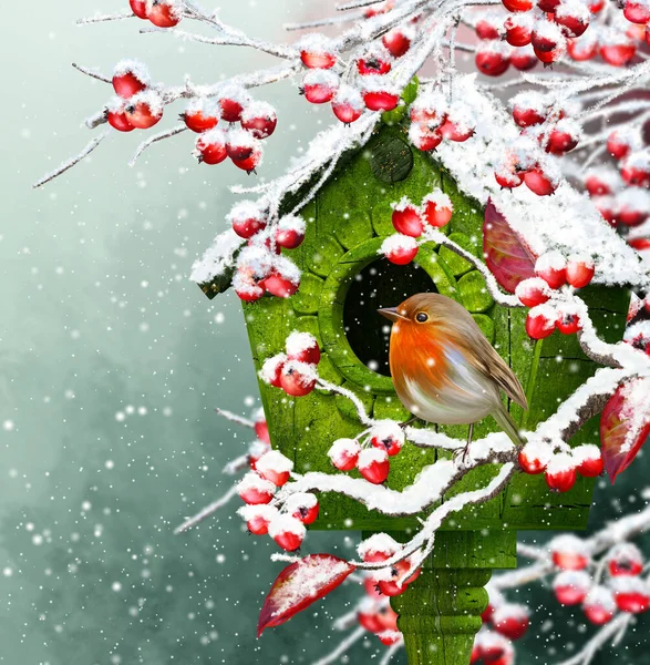 Hintergrund Der Weihnachtsfeiertage Ein Kleiner Vogel Sitzt Auf Einem Schneebedeckten — Stockfoto