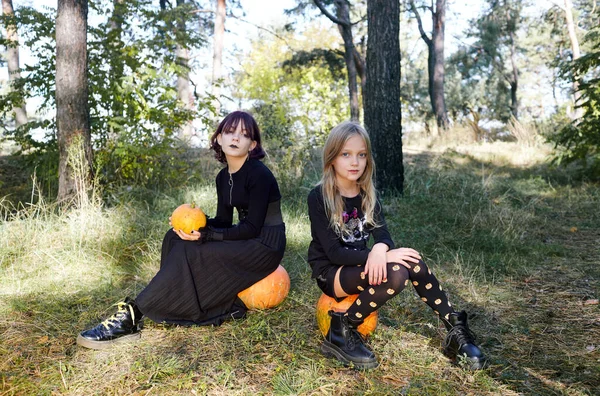 Glada Två Systrar Halloweenskogen Roliga Barn Karnevalsdräkter Utomhus Halloween Trick — Stockfoto