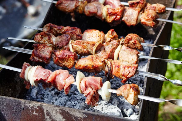 Salamura edilmiş şiş mangal ızgarasında mangal yapmaya hazırlanıyor. Geleneksel Rus şiş kebap şişi.