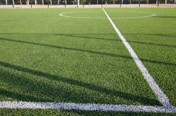 Campo Césped Para Jugar Fútbol Primer Plano Del Campo Fútbol —  Fotos de Stock