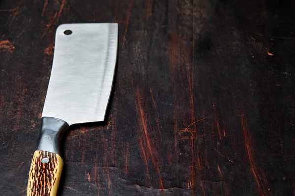 Meat Cleaver Dark Wooden Background Stainless Steel Kitchen Knife Butcher — Stock Photo, Image