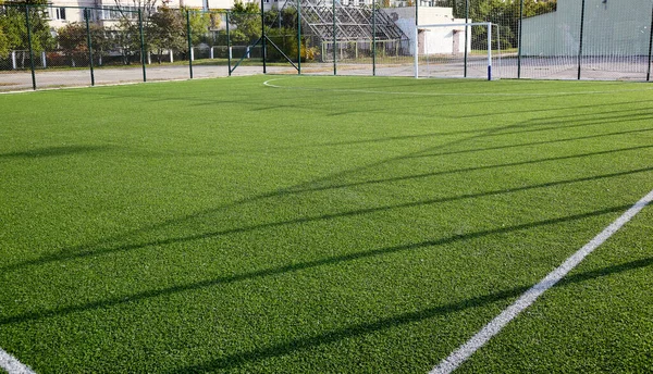 Campo Relva Para Jogar Futebol Close Campo Futebol Com Grama — Fotografia de Stock