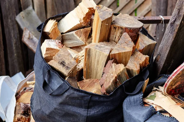 Firewood Bag Preparing Picnic Nature Kindling Furnace Travel Tourism Concept — Stock Photo, Image
