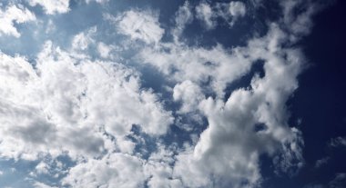 Bulanık gökyüzünün panoramik fotoğrafı. Kümülüs bulutlu mavi gökyüzü arkaplanı