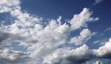 Bulanık gökyüzünün panoramik fotoğrafı. Kümülüs bulutlu mavi gökyüzü arkaplanı