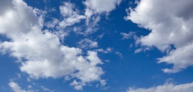 Bulanık gökyüzünün panoramik fotoğrafı. Kümülüs bulutlu mavi gökyüzü arkaplanı