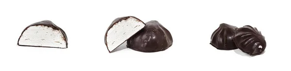 Set Close Shot Whole Marshmallows One Half Covered Chocolate Isolated — Zdjęcie stockowe