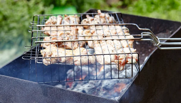 Tasty Chicken Wings Cooking Barbecue Grill Outdoors Roasted Chicken Meat — Fotografia de Stock