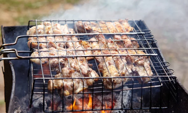 Smaczne Skrzydełka Kurczaka Gotowanie Grillu Zewnątrz Pieczone Mięso Kurczaka Zbliżenie — Zdjęcie stockowe