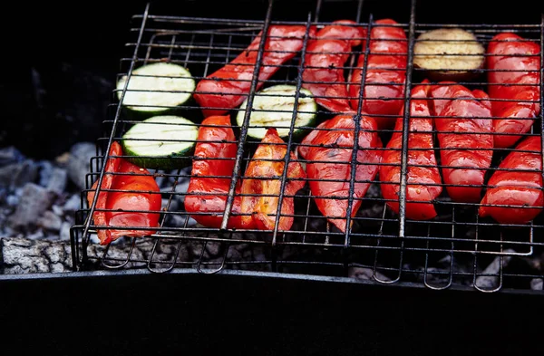 Tasty Vegetables Cooking Barbecue Grill Outdoors Roasted Vegetables Closeup — Stockfoto