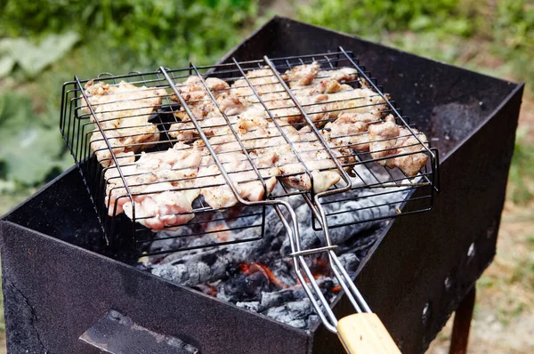 Chutná Kuřecí Křidýlka Grilu Venku Pečené Kuřecí Maso Detailní Záběr — Stock fotografie