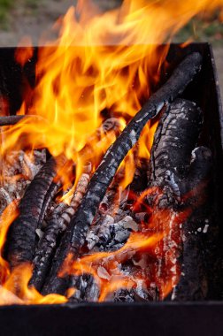 Yanan kırmızı kıvılcımlar ateşten uçar. Işıl ışıl yanan kömür ve yakacak odunları olan ızgara ızgarası.