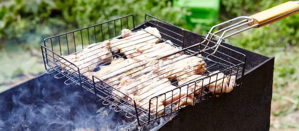 Tasty Chicken Wings Cooking Barbecue Grill Outdoors Roasted Chicken Meat — Zdjęcie stockowe