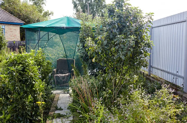 Dışarıdaki sivrisinek ağının altındaki çardak. Arka bahçede dinlenecek bir yer.