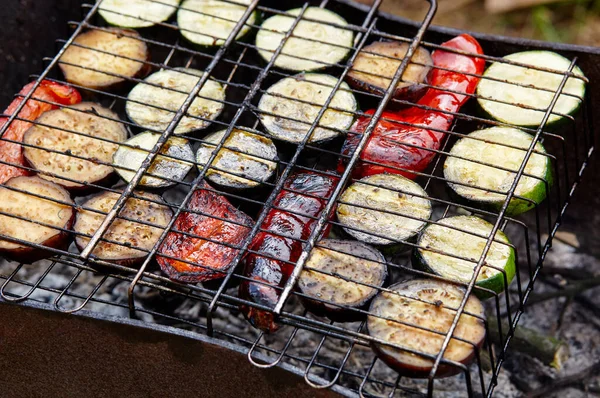 Tasty Vegetables Cooking Barbecue Grill Outdoors Roasted Vegetables Closeup — Foto Stock