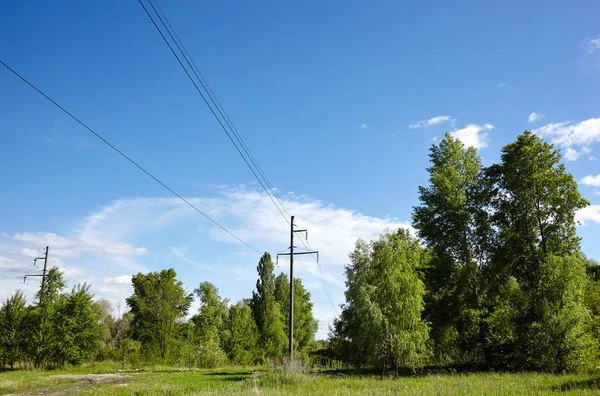 Siła Filar Przyrodzie Letni Dzień Stanowisko Linii Energetycznej Kablami Elektrycznymi — Zdjęcie stockowe