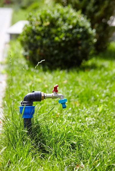 Wasserhahn Einem Park Wasserschlauch Darauf Anzupassen Das Grüne Gras Öffentlichen — Stockfoto