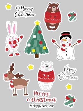 Bir sürü vry noel çıkartması. Gri arka planda Noel çıkartmaları koleksiyonu. Sevimli renkli ağaçlar, hayvanlar, Noel ağacı, kardan adam, geyik
