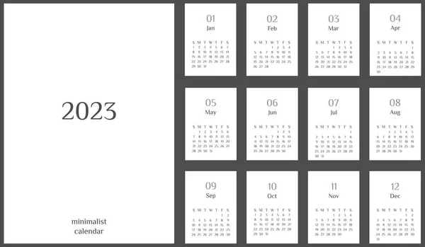 Ilustracja Wektora Minimalistyczny Kalendarz 2023 Szablon Tydzień Zaczyna Się Niedzielę — Wektor stockowy