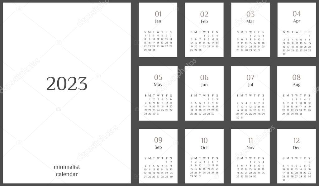 Vector illustration. Minimalist calendar 2023 template. Week Starts on Sunday. Calendar on white background
