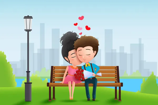 情人节情侣约会矢量人物 情人节爱的是在公园背景下恋爱 亲吻和约会的人物 矢量说明 — 图库矢量图片