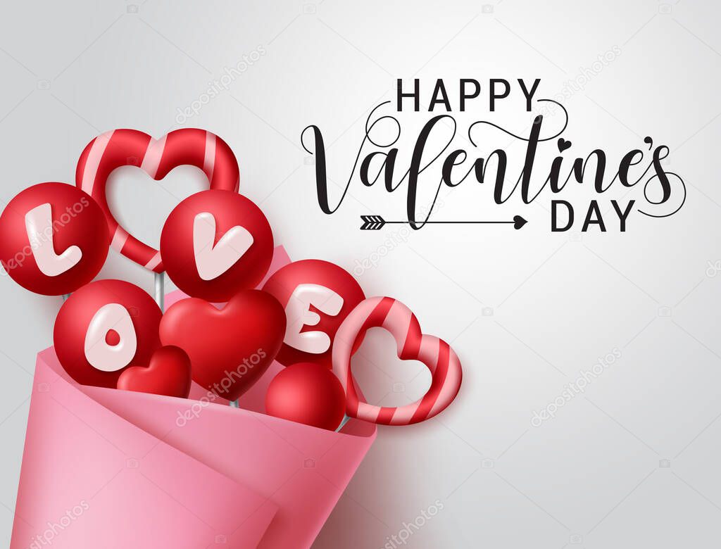 Valentines candy bouquet vector banner template. Happy valentines day greeting text with valentine element of bouquet candies in heart and round shape with love letter decoration in white background. Vector illustration.