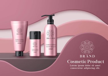 Kozmetik ürünler vektör şablonu oluşturur. Kozmetik ürünleri vücut losyonunu nemlendiriyor. Beyaz cilt kremi, pembe ambalajlı serum şişesi ve 3 boyutlu gerçekçi tasarım. Vektör illüstrasyonu.  